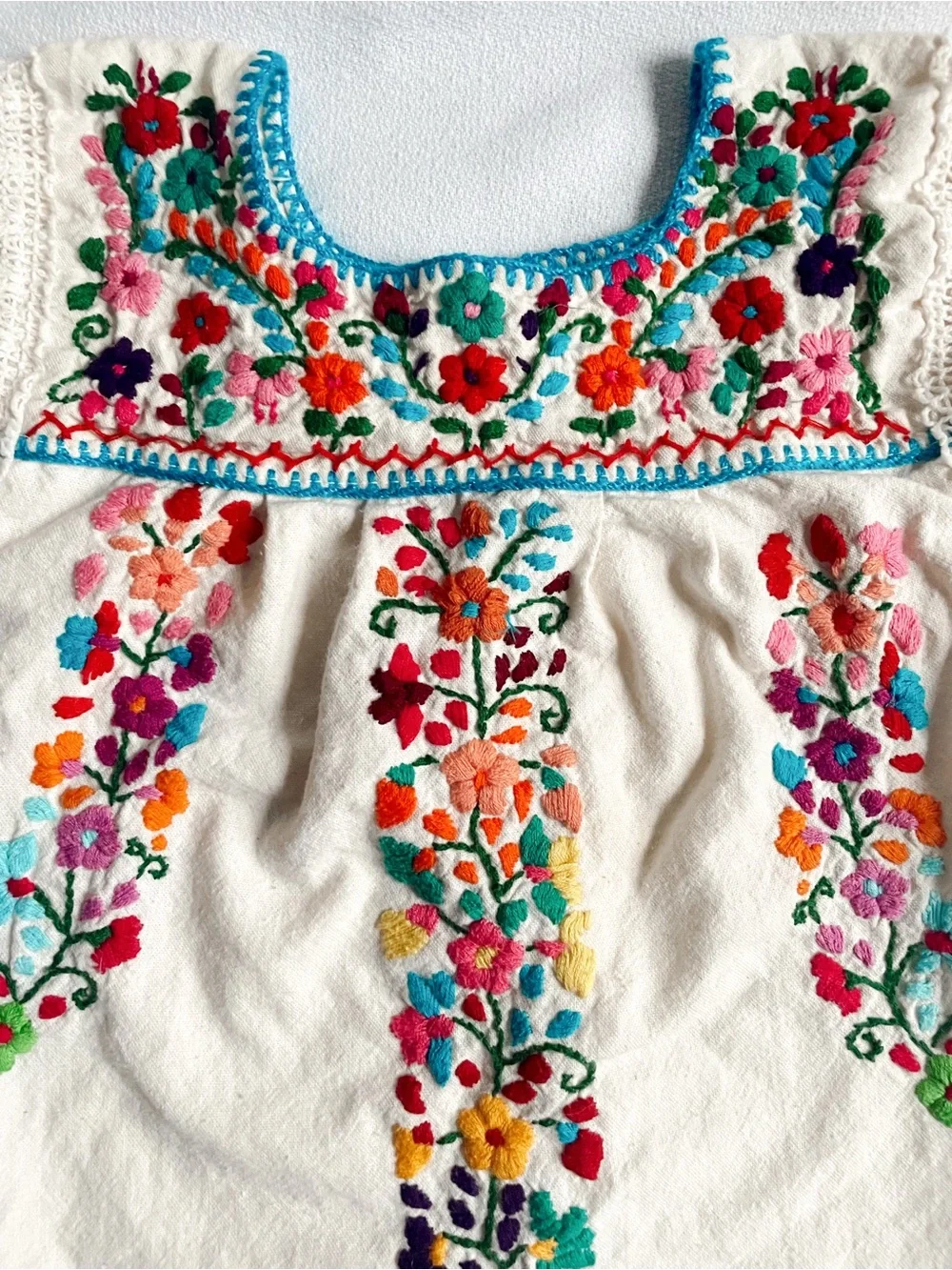 VINTAGE Dress Skirt Mexican Hand Embroidered Folk Art Cotton Top Handmade